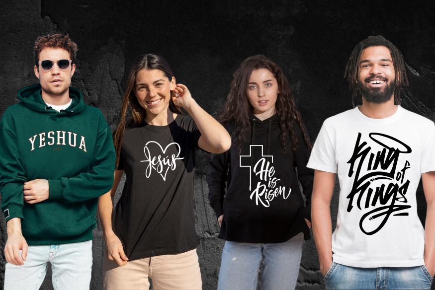 Modelos usando playeras y hoodies cristianos con diseños de Yeshua, Jesús y King of Kings de Siloé, ropa cristiana personalizada y de alta calidad.