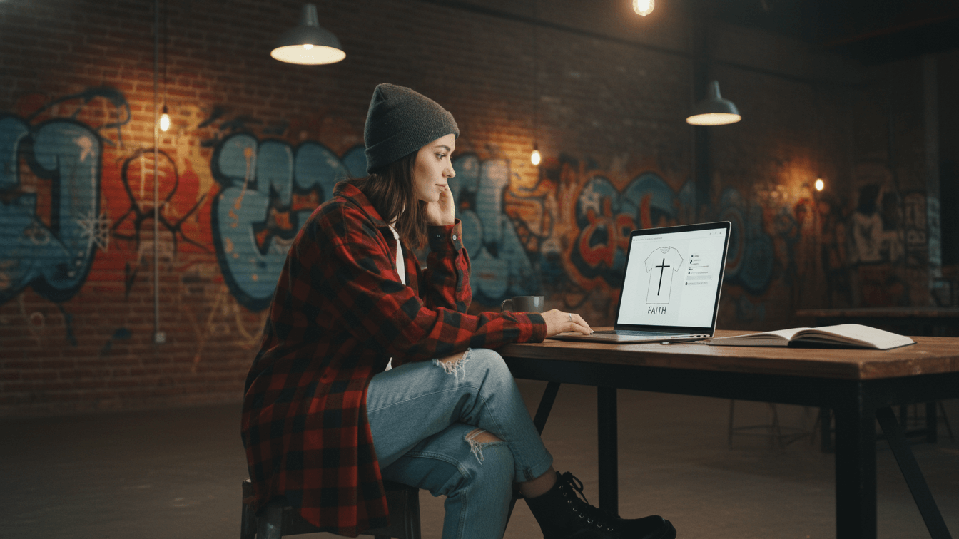 Mujer diseñando playera cristiana con cruz y mensaje de fe en laptop, proceso de estampado DTF para playeras personalizadas en Siloé