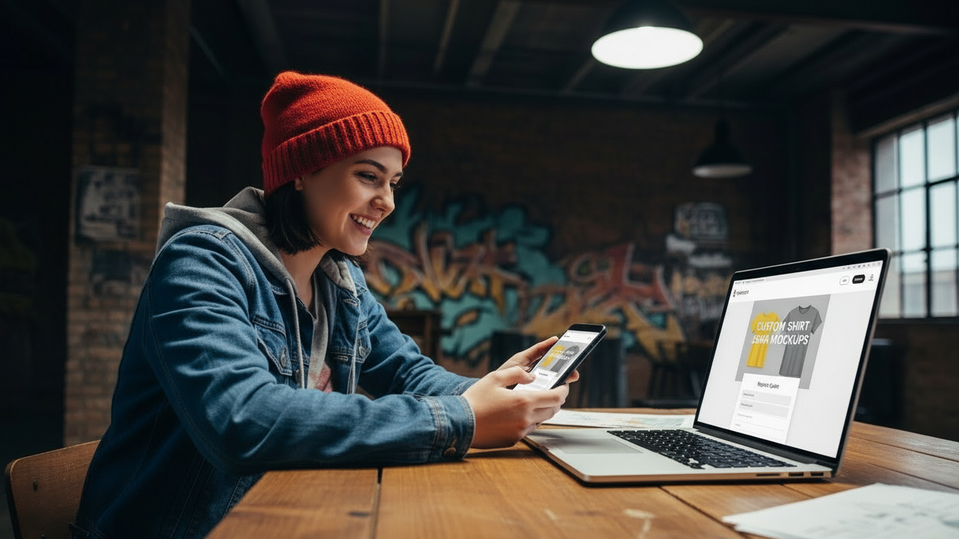 Mujer jóven realizando pedido de playeras personalizadas con servicios de estampado DTF desde celular y laptop, servicio profesional de impresión textil Siloé