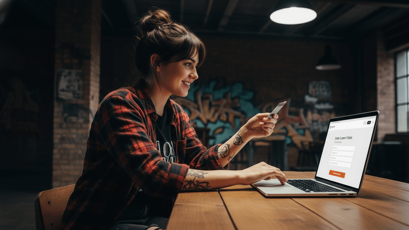 Mujer realizando pedido de playeras personalizadas con estampado DTF desde laptop y celular, servicio profesional de impresión textil Siloé