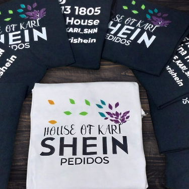 Playeras personalizadas con el diseño “House of Kari Shein Pedidos” impresas en vinil de alta calidad, elaboradas por Siloé para negocios y emprendimientos.